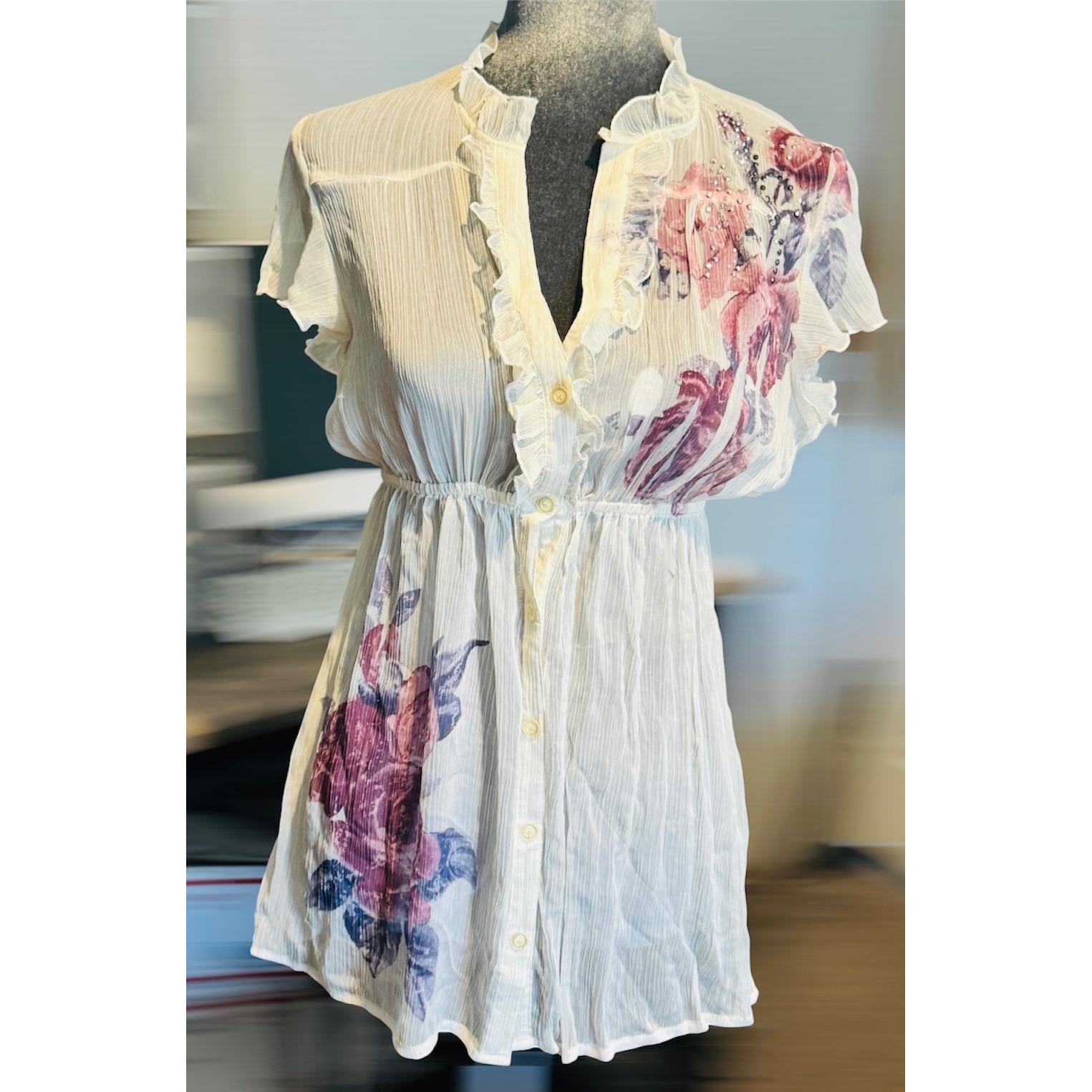 Fang Y2k Boho Fairycore Sheer Chiffon Floral Tunic Blouse Large